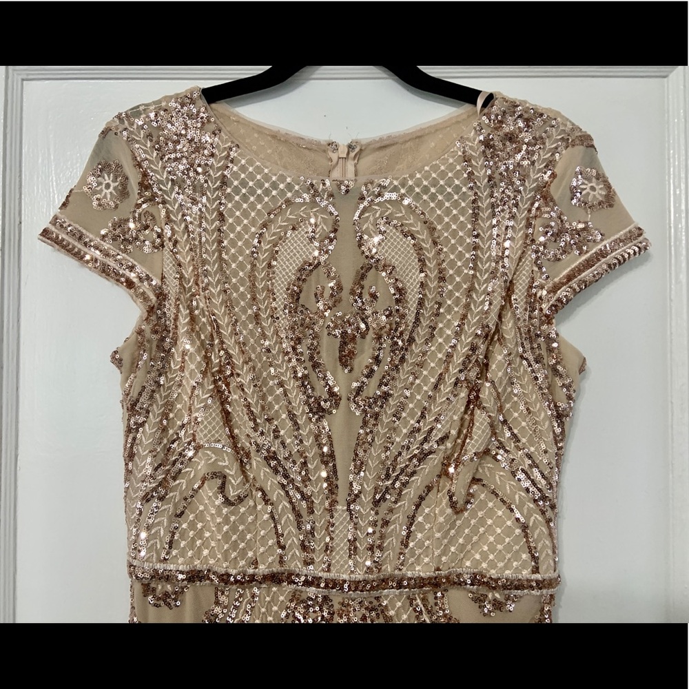 Cachet floor length rose gold sequin and nude dress